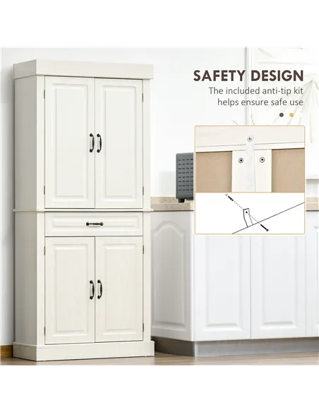 HOMCOM Kitchen Cupboard with 4 Doors, Freestanding Storage Cabinet with Wide Drawer and Shelves for Living Room, 180cm, White Wo
