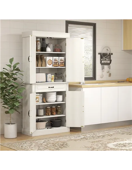 HOMCOM Kitchen Cupboard with 4 Doors, Freestanding Storage Cabinet with Wide Drawer and Shelves for Living Room, 180cm, White Wo