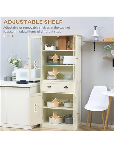 HOMCOM Freestanding Kitchen Cupboard, 5-tier Storage Cabinet with Adjustable Shelves and Drawer for Living Room, Dining Room, Cr