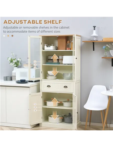 HOMCOM Freestanding Kitchen Cupboard, 5-tier Storage Cabinet with Adjustable Shelves and Drawer for Living Room, Dining Room, Cr