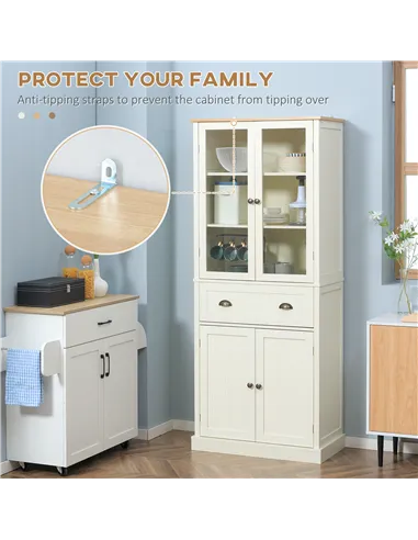 HOMCOM Freestanding Kitchen Cupboard, 5-tier Storage Cabinet with Adjustable Shelves and Drawer for Living Room, Dining Room, Cr