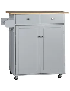 HOMCOM Rolling Kitchen Island on Wheels, Utility Serving Cart with Rubber Wood Top, Towel Rack, Hooks and Storage Drawers, Grey