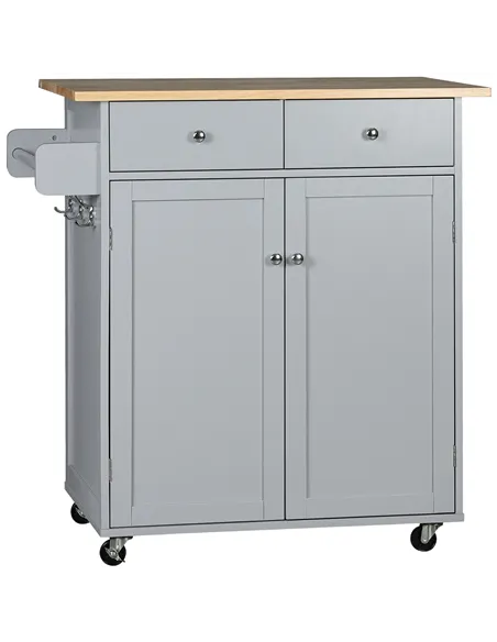 HOMCOM Rolling Kitchen Island on Wheels, Utility Serving Cart with Rubber Wood Top, Towel Rack, Hooks and Storage Drawers, Grey