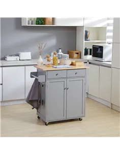HOMCOM Rolling Kitchen Island on Wheels, Utility Serving Cart with Rubber Wood Top, Towel Rack, Hooks and Storage Drawers, Grey 2