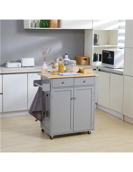 HOMCOM Rolling Kitchen Island on Wheels, Utility Serving Cart with Rubber Wood Top, Towel Rack, Hooks and Storage Drawers, Grey