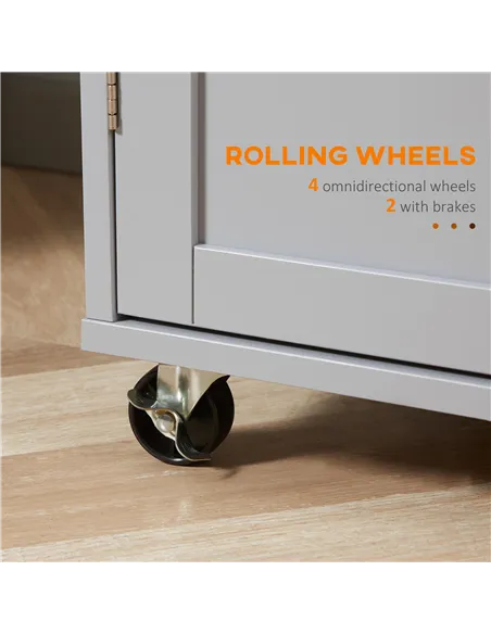 HOMCOM Rolling Kitchen Island on Wheels, Utility Serving Cart with Rubber Wood Top, Towel Rack, Hooks and Storage Drawers, Grey