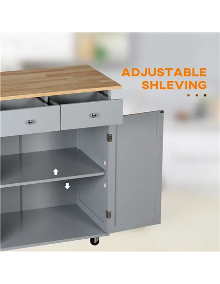 HOMCOM Rolling Kitchen Island on Wheels, Utility Serving Cart with Rubber Wood Top, Towel Rack, Hooks and Storage Drawers, Grey