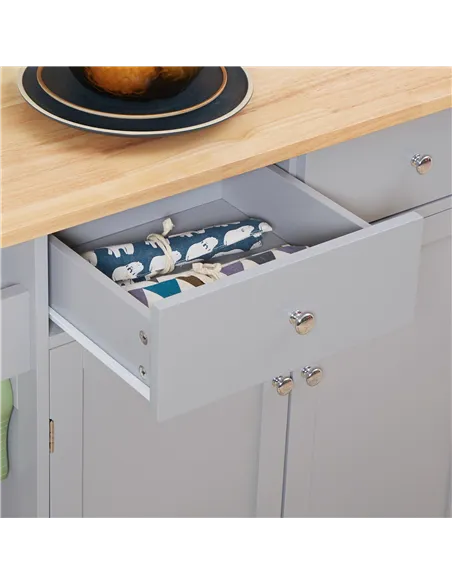 HOMCOM Rolling Kitchen Island on Wheels, Utility Serving Cart with Rubber Wood Top, Towel Rack, Hooks and Storage Drawers, Grey