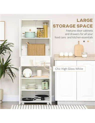 HOMCOM 4-Door Kitchen Cupboard, Tall Freestanding 5-Tier Storage Cabinet with 3 Adjustable Shelves, 2 Drawers for Living Room, D