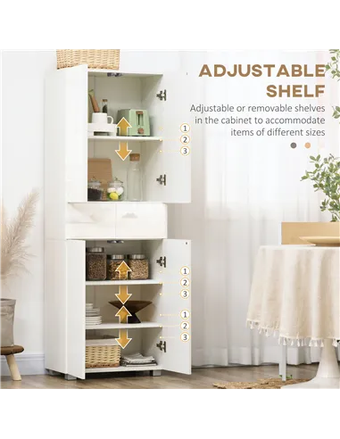 HOMCOM 4-Door Kitchen Cupboard, Tall Freestanding 5-Tier Storage Cabinet with 3 Adjustable Shelves, 2 Drawers for Living Room, D