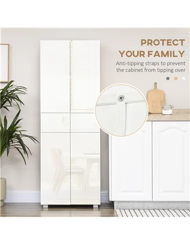 HOMCOM 4-Door Kitchen Cupboard, Tall Freestanding 5-Tier Storage Cabinet with 3 Adjustable Shelves, 2 Drawers for Living Room, D