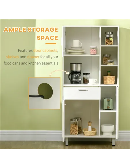 HOMCOM Kitchen Cupboard, Modern Kitchen Storage Cabinet with Shelves and Drawer, Free Standing Kitchen Units, 166 cm, White