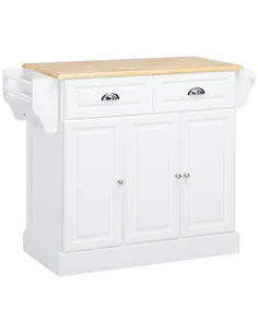 HOMCOM Kitchen Island with Storage Rolling Kitchen Serving Cart with Rubber Wood Top Towel Rack Storage Drawer Cabinet White