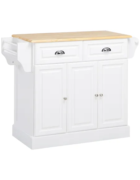 HOMCOM Kitchen Island with Storage Rolling Kitchen Serving Cart with Rubber Wood Top Towel Rack Storage Drawer Cabinet White