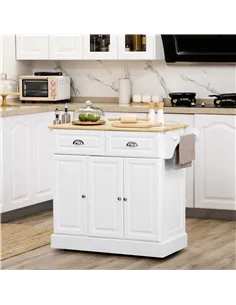 HOMCOM Kitchen Island with Storage Rolling Kitchen Serving Cart with Rubber Wood Top Towel Rack Storage Drawer Cabinet White 2