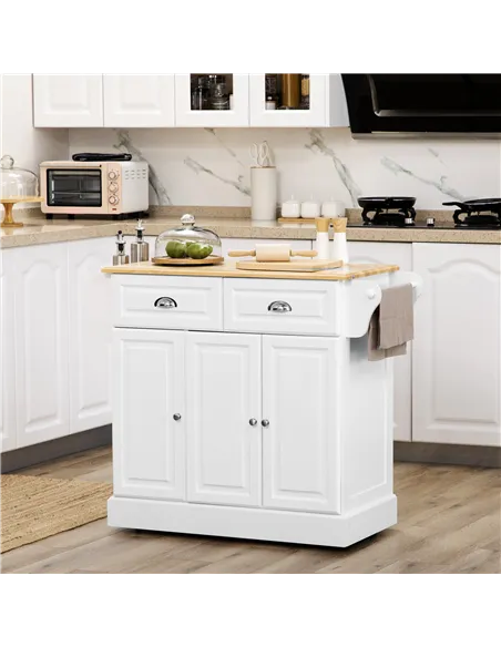 HOMCOM Kitchen Island with Storage Rolling Kitchen Serving Cart with Rubber Wood Top Towel Rack Storage Drawer Cabinet White