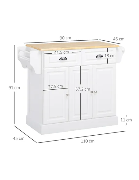 HOMCOM Kitchen Island with Storage Rolling Kitchen Serving Cart with Rubber Wood Top Towel Rack Storage Drawer Cabinet White