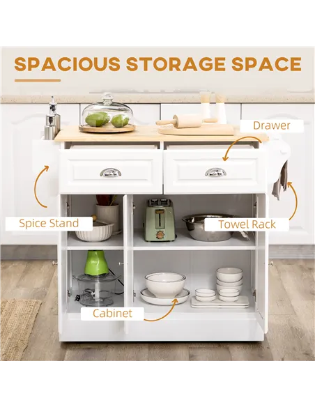 HOMCOM Kitchen Island with Storage Rolling Kitchen Serving Cart with Rubber Wood Top Towel Rack Storage Drawer Cabinet White