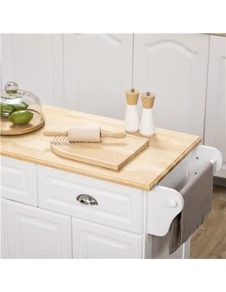 HOMCOM Kitchen Island with Storage Rolling Kitchen Serving Cart with Rubber Wood Top Towel Rack Storage Drawer Cabinet White