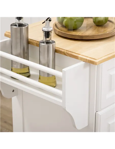 HOMCOM Kitchen Island with Storage Rolling Kitchen Serving Cart with Rubber Wood Top Towel Rack Storage Drawer Cabinet White