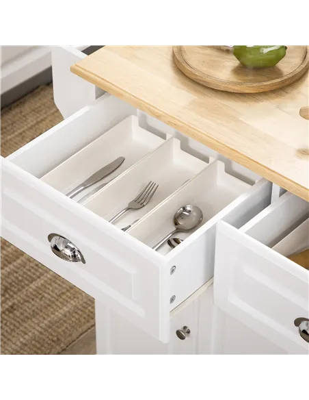 HOMCOM Kitchen Island with Storage Rolling Kitchen Serving Cart with Rubber Wood Top Towel Rack Storage Drawer Cabinet White