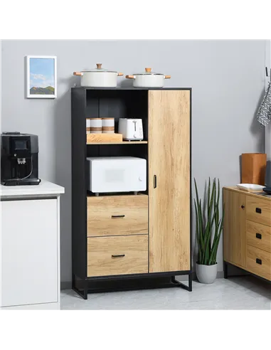 HOMCOM  Kitchen Cupboard, Freestanding Storage Cabinet with Soft Close Door, Microwave Stand with Adjustable Shelves and Drawers