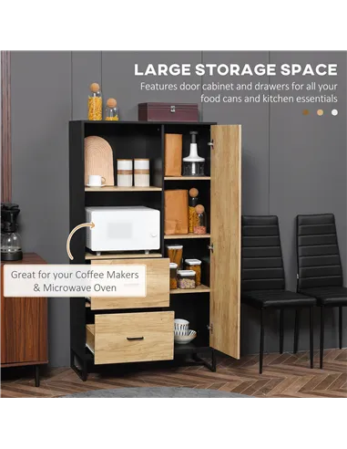 HOMCOM  Kitchen Cupboard, Freestanding Storage Cabinet with Soft Close Door, Microwave Stand with Adjustable Shelves and Drawers