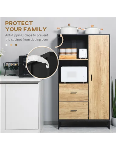 HOMCOM  Kitchen Cupboard, Freestanding Storage Cabinet with Soft Close Door, Microwave Stand with Adjustable Shelves and Drawers