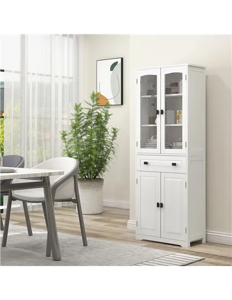 HOMCOM Kitchen Cupboard, Freestanding Storage Cabinet with 2 Adjustable Shelves, Drawer and Glass Door for Living Room, Dining R
