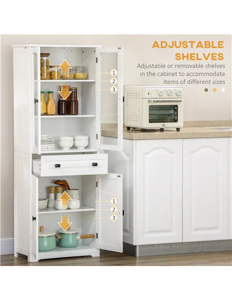 HOMCOM Kitchen Cupboard, Freestanding Storage Cabinet with 2 Adjustable Shelves, Drawer and Glass Door for Living Room, Dining R