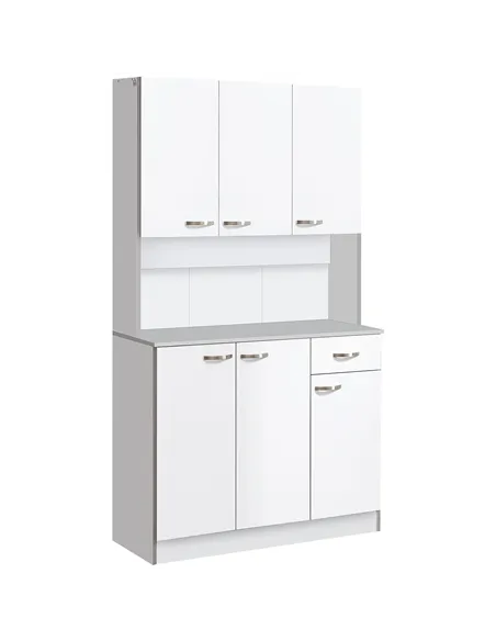 HOMCOM Kitchen Cupboard, Freestanding Kitchen Storage Cabinet with 6 Doors, Drawer, Adjustable Shelves and Open Countertop for D