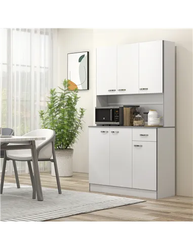 HOMCOM Kitchen Cupboard, Freestanding Kitchen Storage Cabinet with 6 Doors, Drawer, Adjustable Shelves and Open Countertop for D