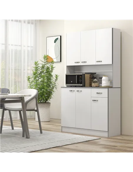 HOMCOM Kitchen Cupboard, Freestanding Kitchen Storage Cabinet with 6 Doors, Drawer, Adjustable Shelves and Open Countertop for D