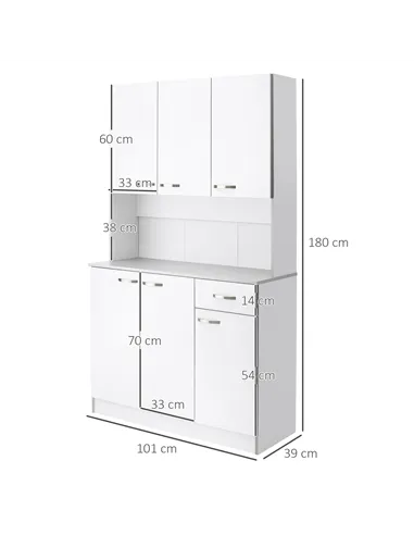 HOMCOM Kitchen Cupboard, Freestanding Kitchen Storage Cabinet with 6 Doors, Drawer, Adjustable Shelves and Open Countertop for D