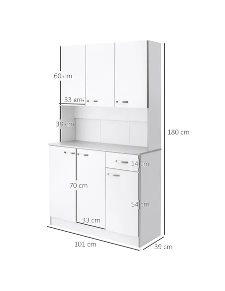 HOMCOM Kitchen Cupboard, Freestanding Kitchen Storage Cabinet with 6 Doors, Drawer, Adjustable Shelves and Open Countertop for D