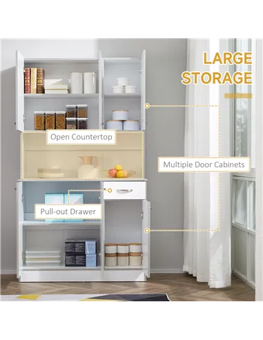 HOMCOM Kitchen Cupboard, Freestanding Kitchen Storage Cabinet with 6 Doors, Drawer, Adjustable Shelves and Open Countertop for D