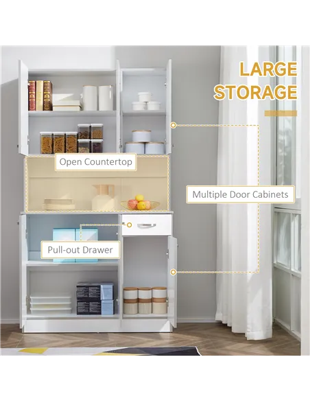 HOMCOM Kitchen Cupboard, Freestanding Kitchen Storage Cabinet with 6 Doors, Drawer, Adjustable Shelves and Open Countertop for D