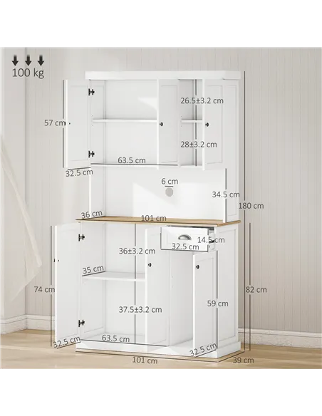 HOMCOM 180cm Freestanding Kitchen Cabinet, Modern Storage Cupboard with Open Countertop, Drawer and 6 Doors, White