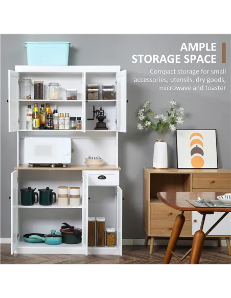 HOMCOM 180cm Freestanding Kitchen Cabinet, Modern Storage Cupboard with Open Countertop, Drawer and 6 Doors, White