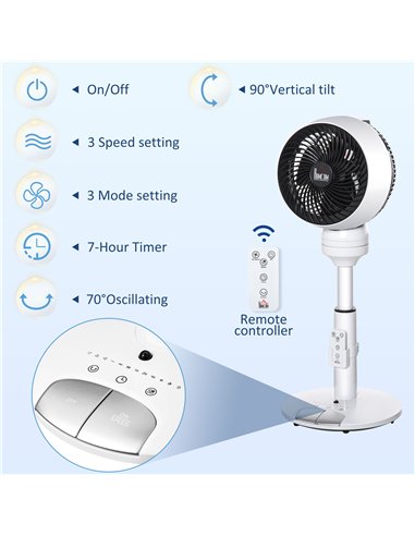 HOMCOM 9'' Air Circulator Fan 3 Speed 3 Mode, 70° Oscillation 90° Vertical Tilt, Height Adjustable, Remote Controller, for Livin