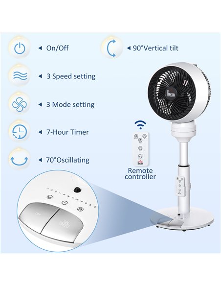 HOMCOM 9'' Air Circulator Fan 3 Speed 3 Mode, 70° Oscillation 90° Vertical Tilt, Height Adjustable, Remote Controller, for Livin