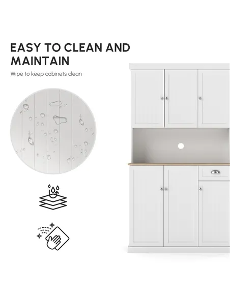 HOMCOM 180cm Freestanding Kitchen Cabinet, Modern Storage Cupboard with Open Countertop, Drawer and 6 Doors, White
