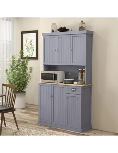 HOMCOM 180cm Freestanding Kitchen Cabinet, Modern Storage Cupboard with Open Countertop, Drawer and 6 Doors, Grey