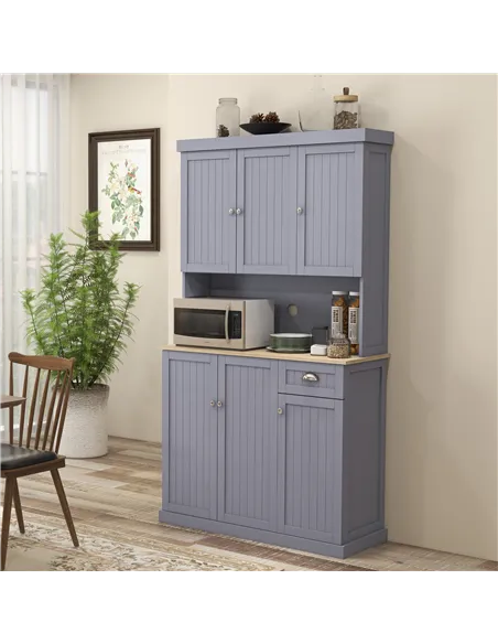 HOMCOM 180cm Freestanding Kitchen Cabinet, Modern Storage Cupboard with Open Countertop, Drawer and 6 Doors, Grey