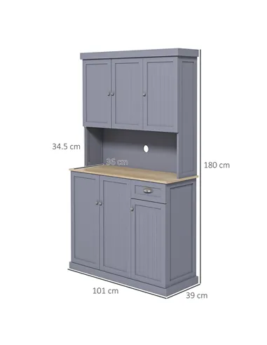 HOMCOM 180cm Freestanding Kitchen Cabinet, Modern Storage Cupboard with Open Countertop, Drawer and 6 Doors, Grey