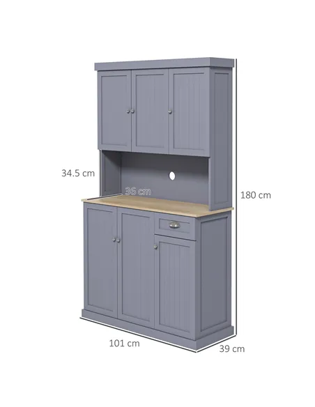 HOMCOM 180cm Freestanding Kitchen Cabinet, Modern Storage Cupboard with Open Countertop, Drawer and 6 Doors, Grey