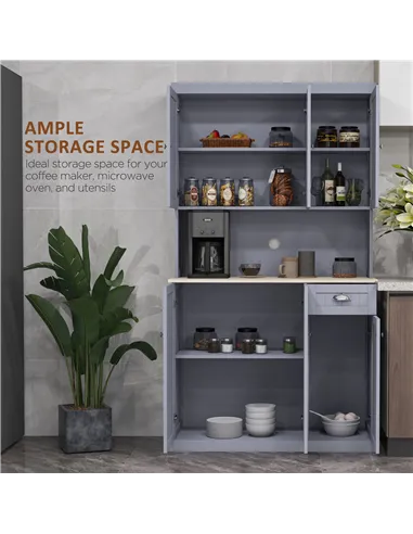 HOMCOM 180cm Freestanding Kitchen Cabinet, Modern Storage Cupboard with Open Countertop, Drawer and 6 Doors, Grey