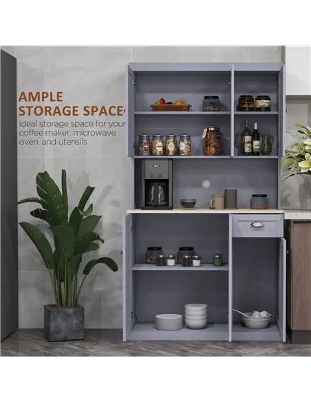 HOMCOM 180cm Freestanding Kitchen Cabinet, Modern Storage Cupboard with Open Countertop, Drawer and 6 Doors, Grey