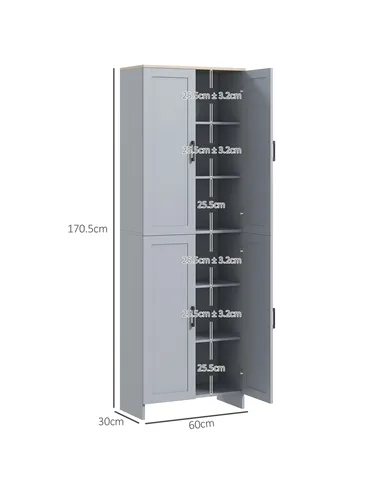 HOMCOM Freestanding Kitchen Cupboard, 4-Door Storage Cabinet with Adjustable Shelves, Modern Kitchen Pantry for Dining Room, 170