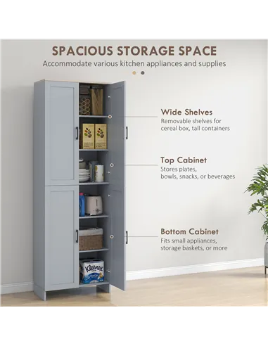 HOMCOM Freestanding Kitchen Cupboard, 4-Door Storage Cabinet with Adjustable Shelves, Modern Kitchen Pantry for Dining Room, 170